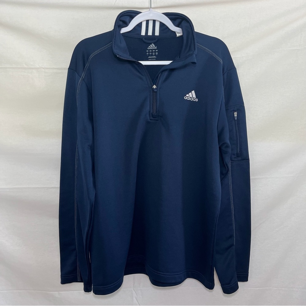 ADIDAS 1/4 Zip Warm Up Jacket Blue 3 White Stripe Size Large